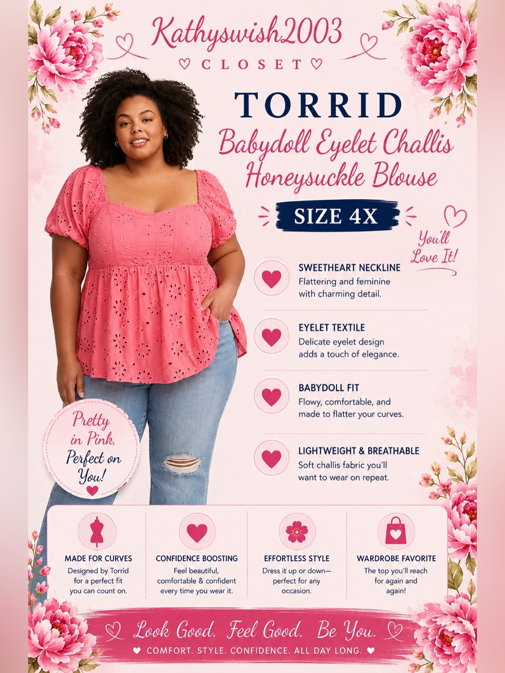 Torrid Babydoll Eyelet Challis Honeysuckle Plus Size 4X Blouse